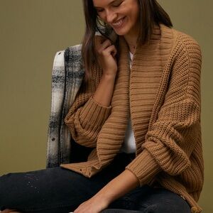 Anthropologie Ribbed Shawl-Collar Open-Front Cardigan - Camel
